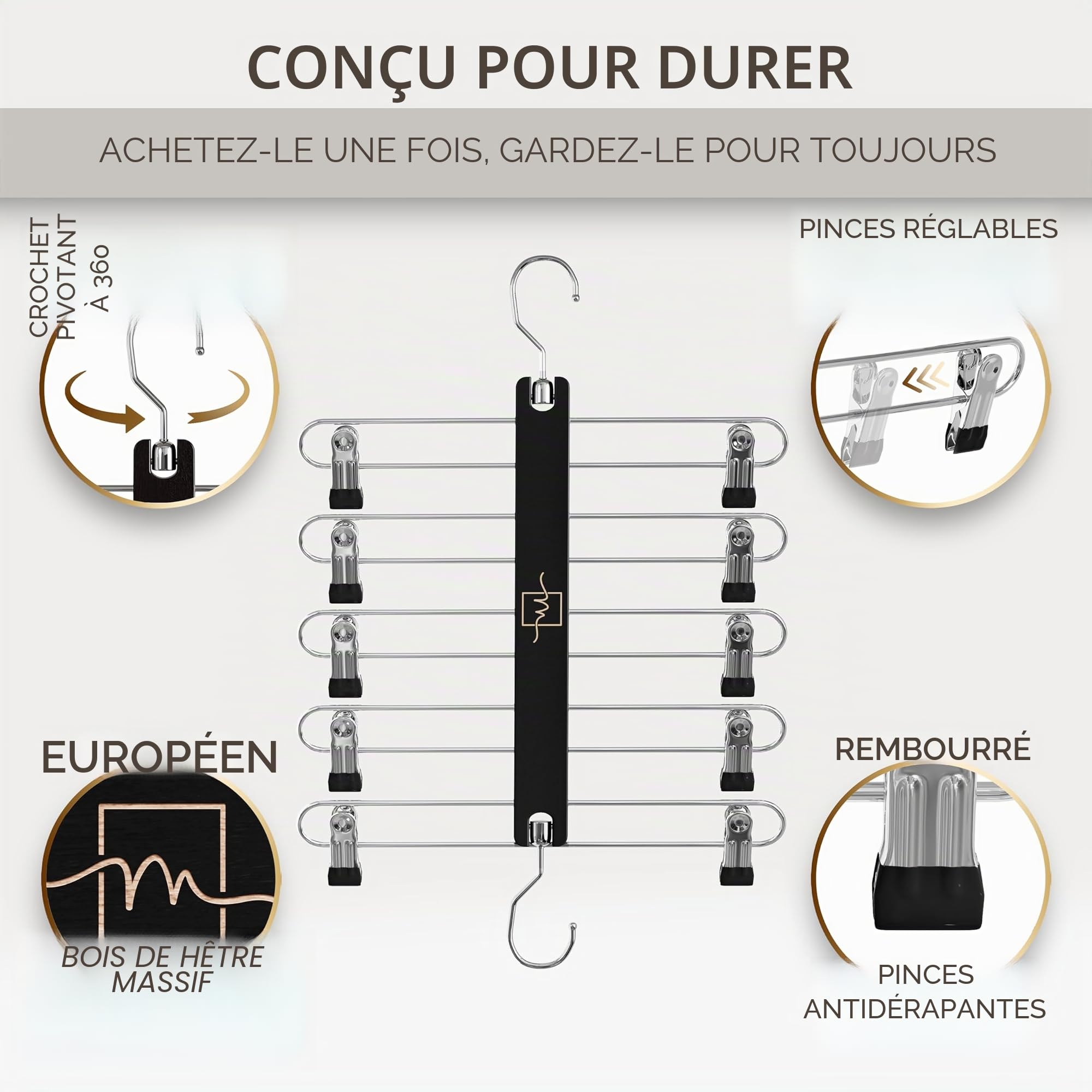 MORALVE Lot de 2 cintres à jupes avec clips pour économiser de l'espace – Cintre à 5 niveaux en hêtre européen pour shorts, jupes et pantalons – Organiseur de placard
