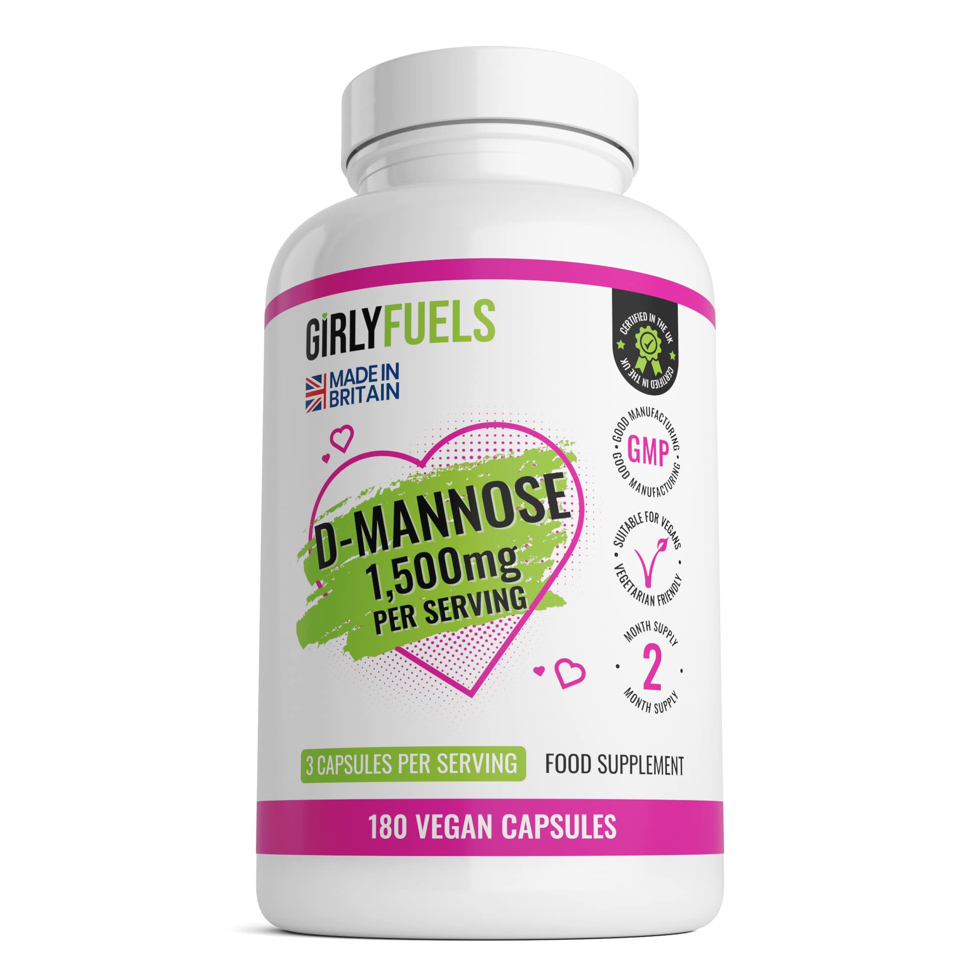 180 Vegan D-Mannose Capsules | 2 Month’s Supply Max Strength 1500mg Clinical Grade | Premium UK Dmannose Supplement, for UTI & Cystitis.