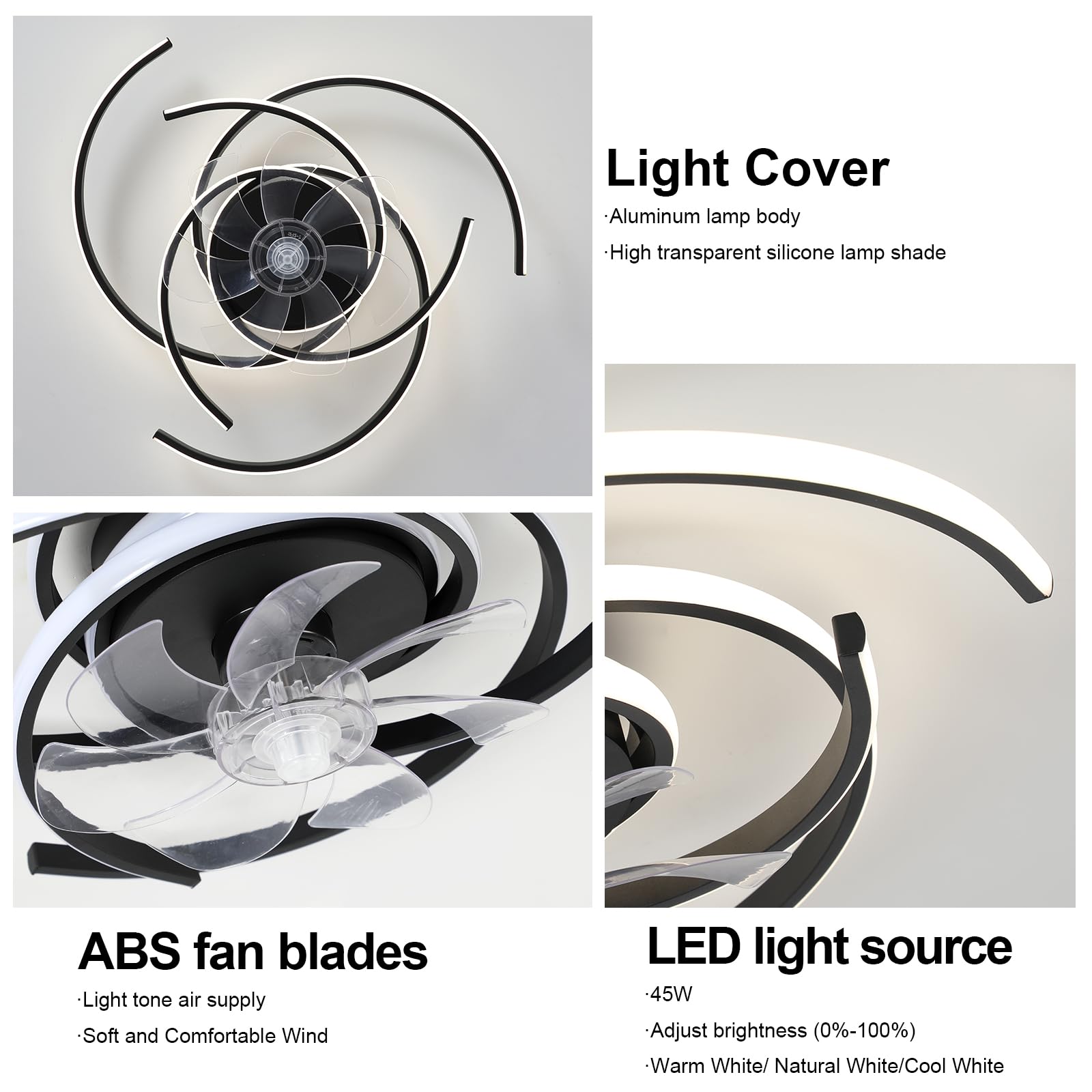 LED-Beleuchtung mit stummem Deckenventilator 45 W Deckenleuchte mit Ventilatorlicht, App und Fernbedienung, kreative Form Acrylschirm (weiß) Wohnzimmer Schlafzimmer Küche (weiß)