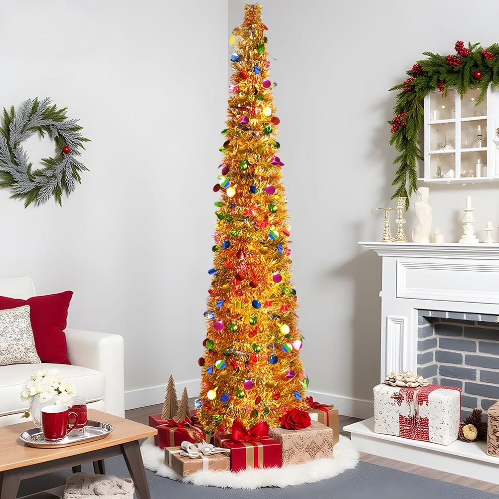 EZGETOP Albero di Natale artificiale pieghevole, 1,5 m, con 100 luci a LED, grandi paillettes, per Natale, feste, carnevale, decorazioni (rosa e bianco