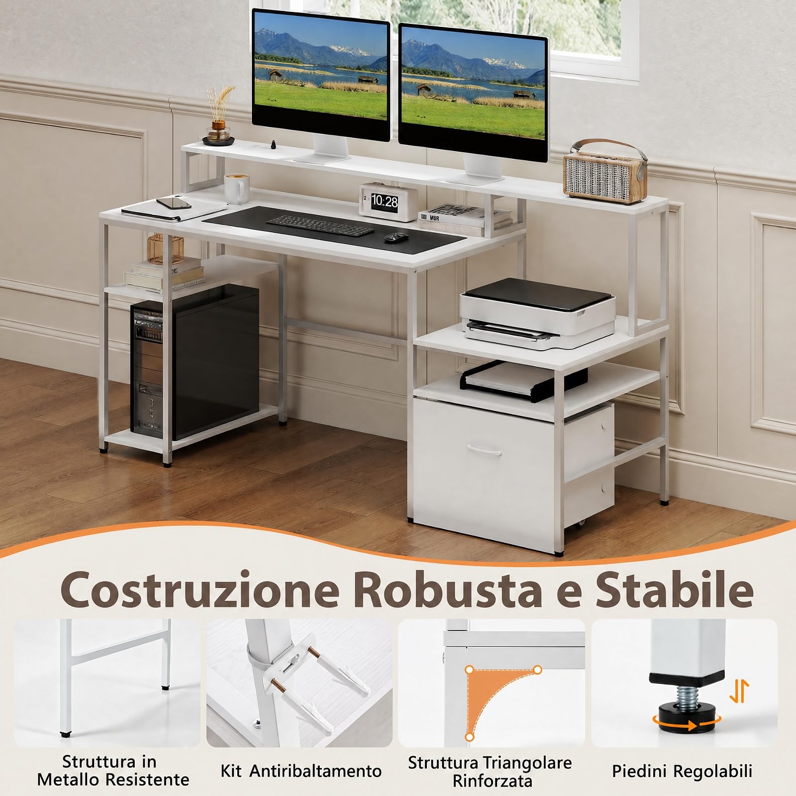 COSTWAY Scrivania Gaming Salvaspazio con Stazione di Ricarica (Bianco) | Scrivania con Ampio Piano, Cassetto con Ruote, Supporti per PC, Monitor e Stampante, per Ufficio e Casa