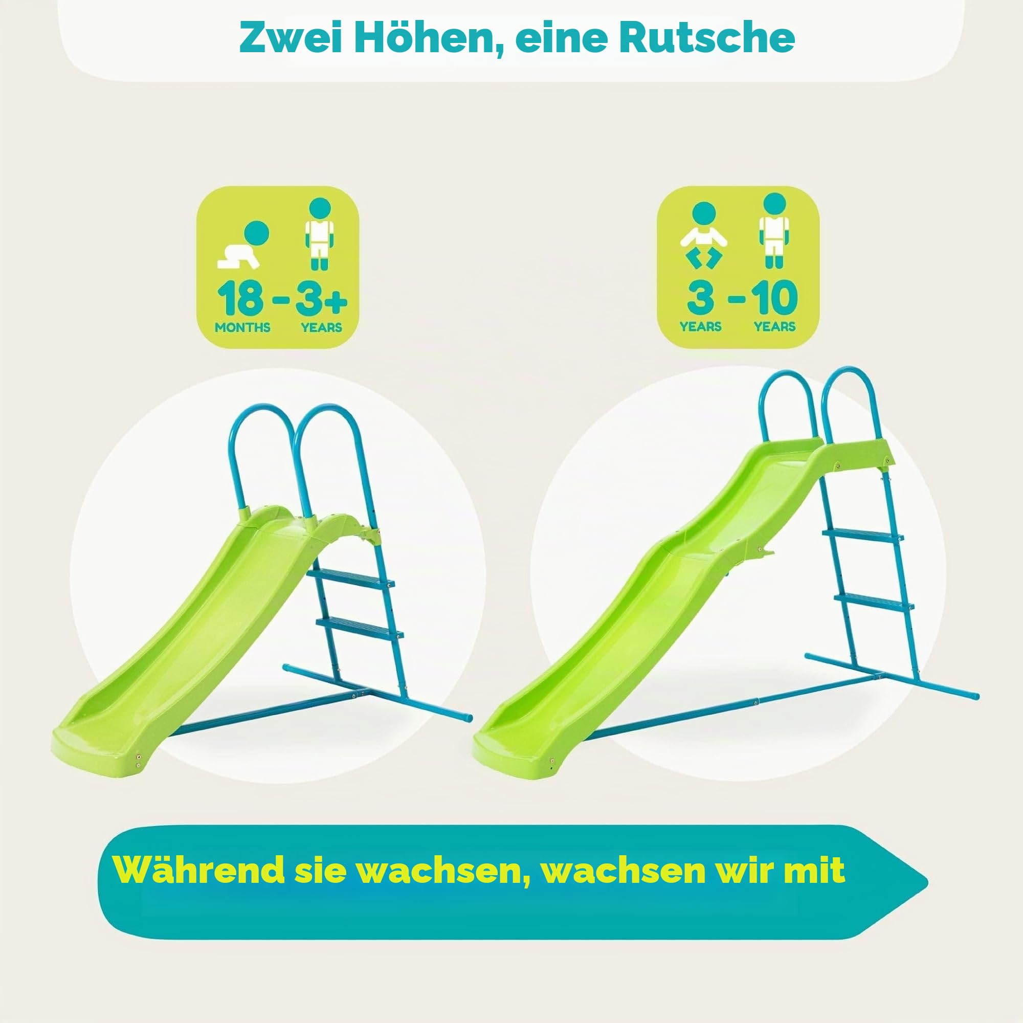 TP Toys Wachsende Rutsche – erweiterbar 1,2 m bis 1,8 m, Kinderalt 18 Monate bis 10 Jahre, langlebiger Kunststoff- und Metalldesign, einfache Montage