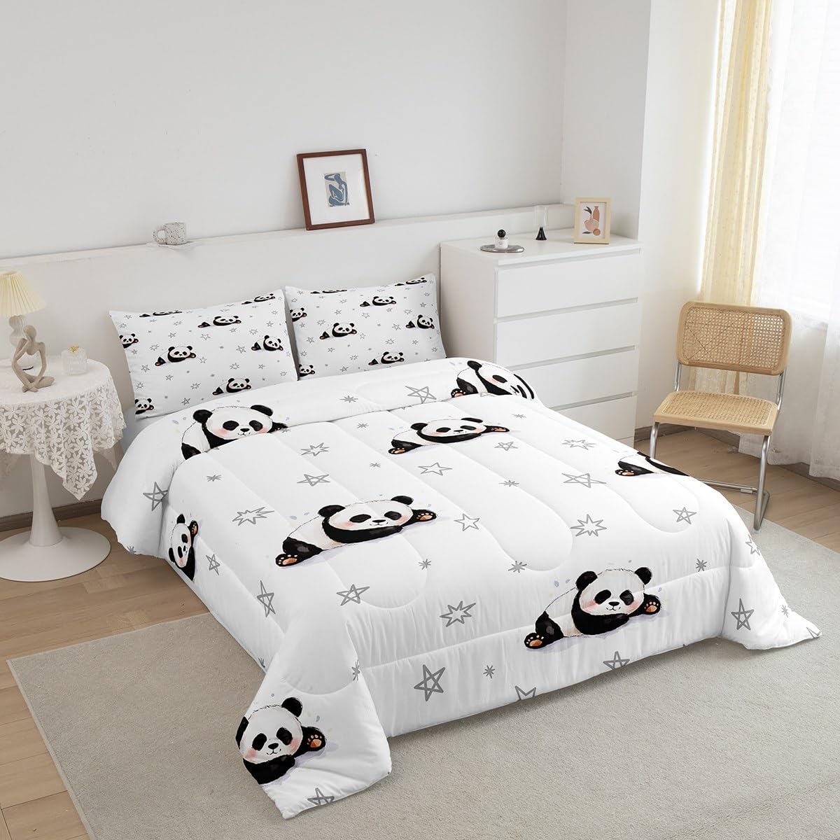 Cartoon Panda Comforter Set Kids Cute Animal Comforter for Boys Girls Kawaii Panda Bedding Bear Printed Black White Duvet Set Room Decor Quilt Full Size Boys