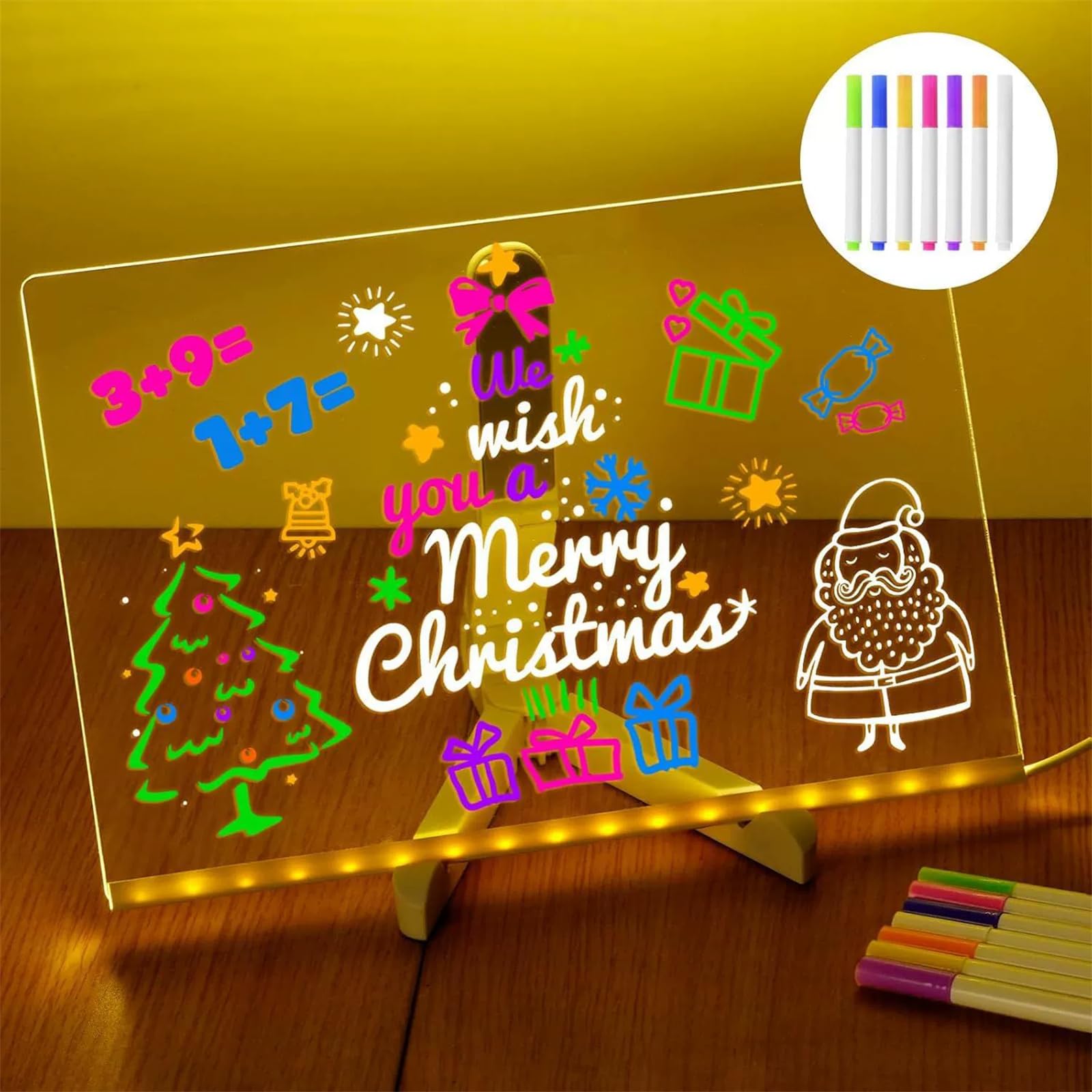 Tablette lumineuse Wondiko Tableau blanc LED acrylique transparent effaçable avec 7 couleurs et support réglable, panneau d’écriture lumineux pour bureau maison café