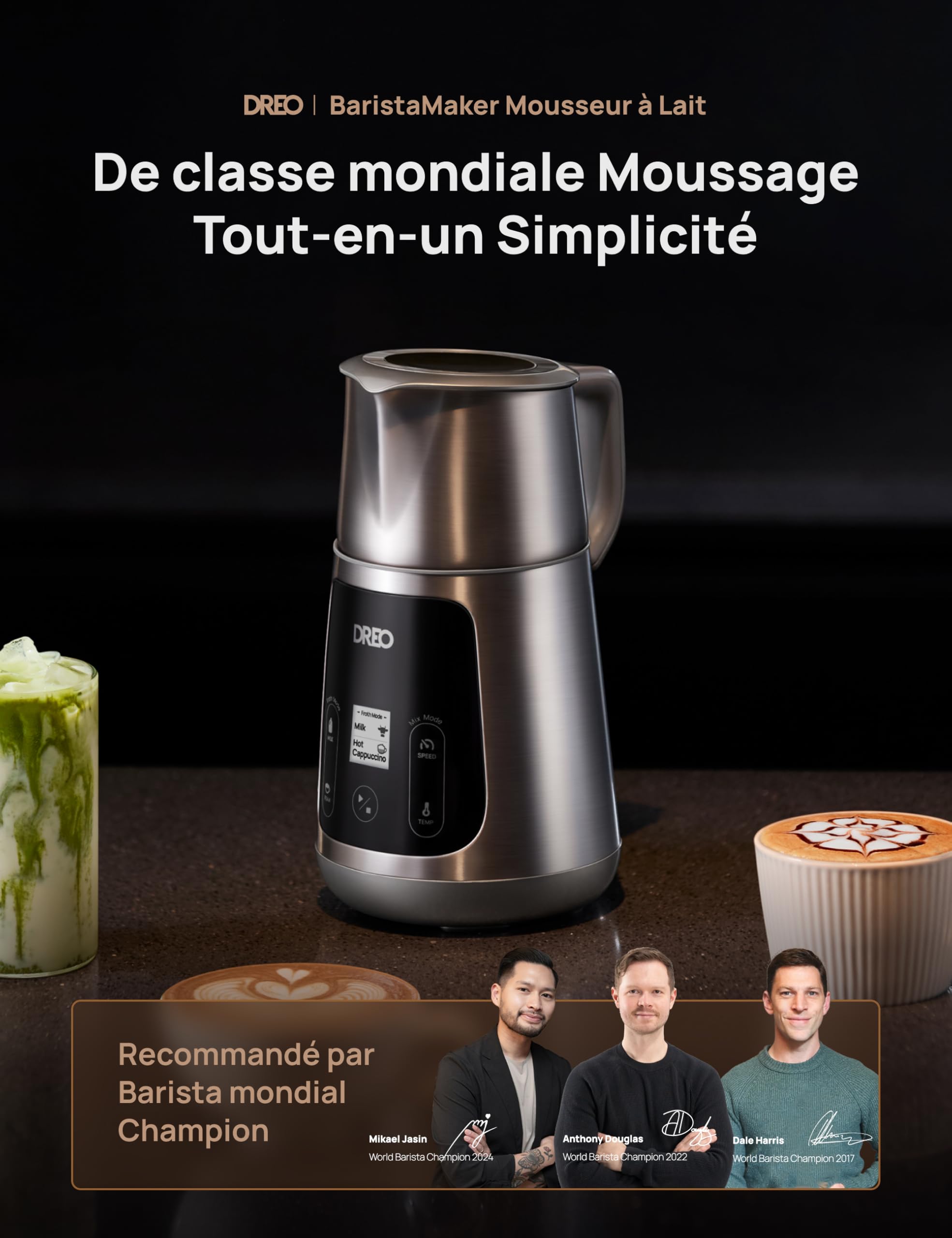 DREO Mousseur à Lait Électrique [Amélioré], Mousseur Automatique All-in-1 de 450ml pour Lait, Cappuccino, Chocolat Chaud, Plus de 30 Boissons, Facile à Nettoyer, Lavable au Lave-vaisselle, Écran LED