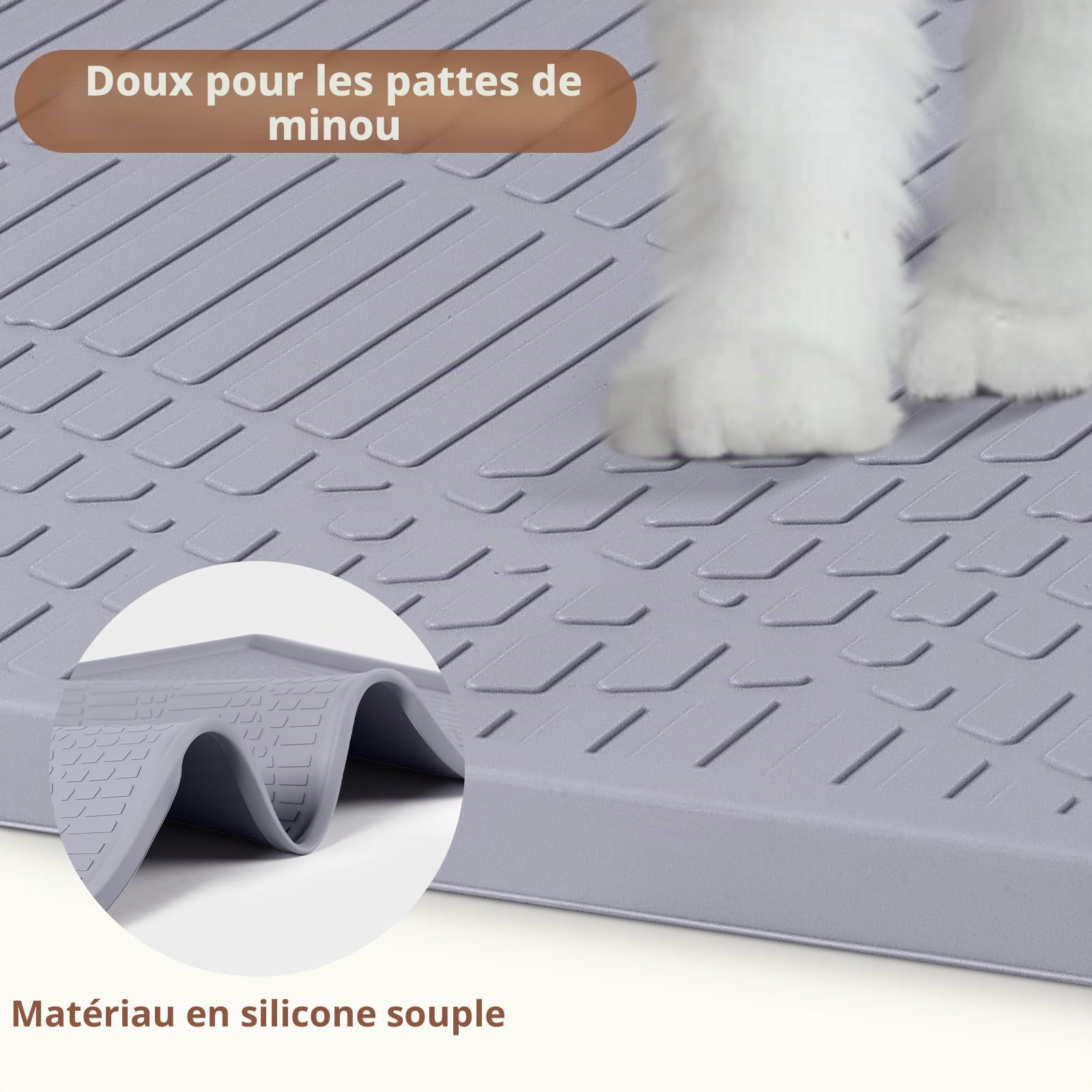 Silicone Tapis Litiere Chat avec Baguette pour Chatons, 96x63CM Tapis Sortie de Litiere Chat, Doux pour Les Pattes des Chatons, Facile à Nettoyer (Gris Clair)