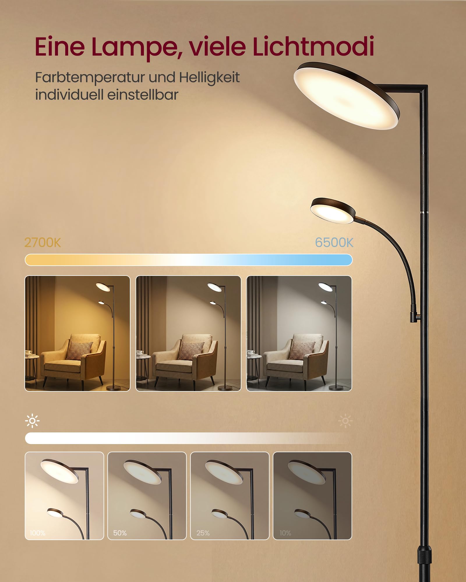 VASAGLE Stehlampe Wohnzimmer, LED-Stehleuchte höhenverstellbar, Standleuchte 42W, drehbarer Lampenkopf, Schlafzimmer, Büro, Leselampe, Timer, Tasten- und Fernbedienung, mattschwarz LFL028BD02