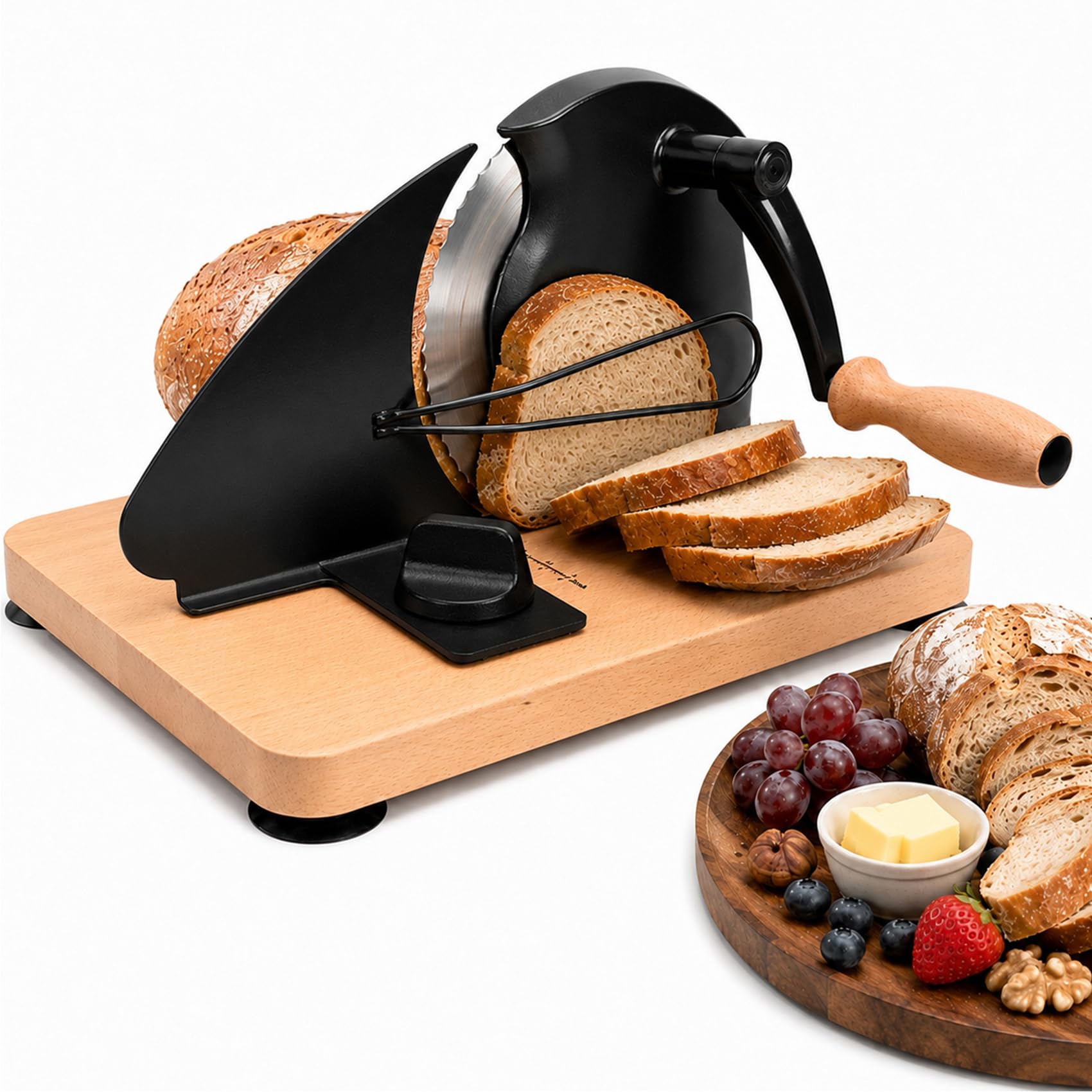 Brotschneidemaschine Manuelle mit Handkurbel | 0–20 mm einstellbare Scheibendicke | Edelstahlklinge mit Wellenschliff | rutschfeste Saugnäpfe | Für Sauerteig, Roggen, Toast & Baguette