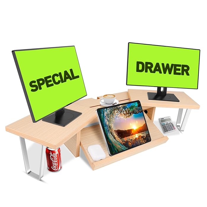 Buy JYPS Dual Monitor Stand Riser with Drawer, Adjustable Wood Monitor