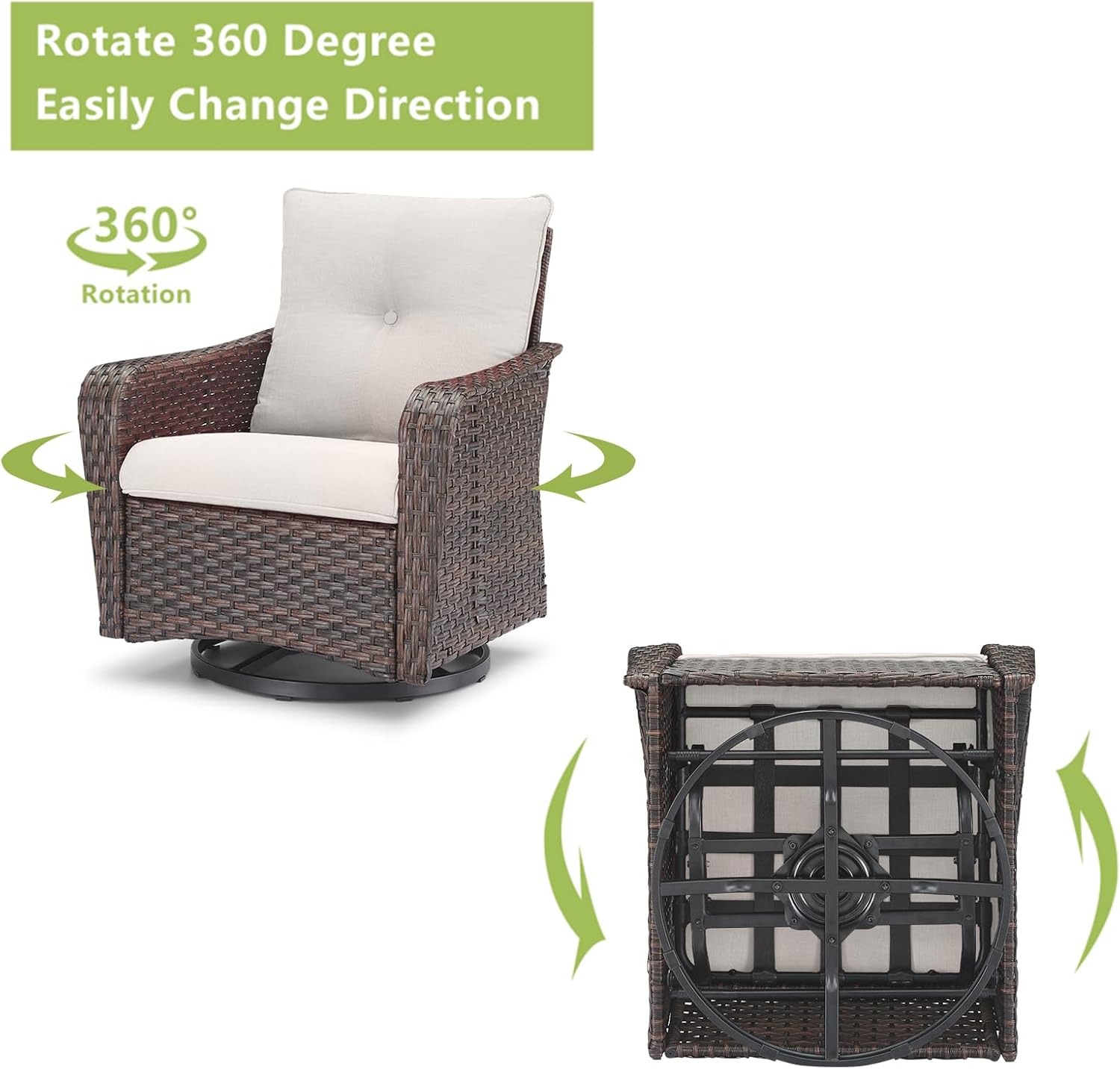 Rilyson Outdoor Patio Swivel Rocker Chairs - 3 PC Wicker Patio Bistro Sets with High Back,Comfy Cushions, Deep Seating and Side Table for Porch Deck Backyard Garden(Brown/Beige)