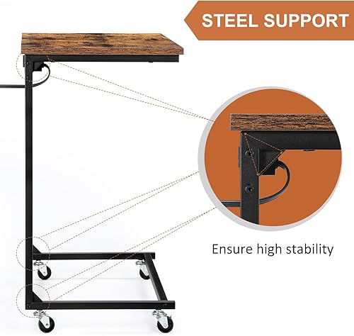Miniatura 6 de Juego de 2 mesas auxiliares con estación de carga mesas auxiliares en forma de C para sofá y cama para espacios pequeños color marrón rústico