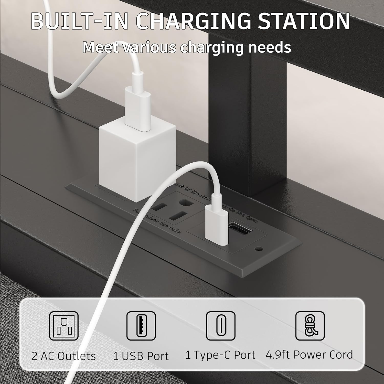Queen Size Bed Frame with LED Lights and Charging Station, Wood Storage Headboard with 2-Tier Shelves, Heavy Duty Metal Slats, No Box Spring Need, Noise Free, Easy Assembly, Light Grey - Image 5