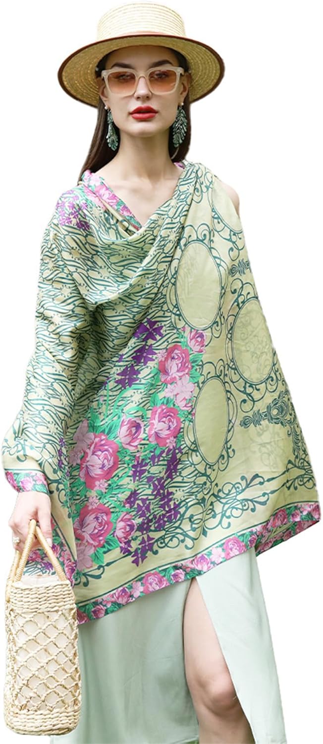 DANA XU Women's 100% Mulberry Satin Silk Pashmina Shawl Wraps Extra Large Floral Scarf for Evening Dresses, Soft Oversized