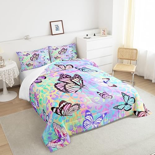 Miniatura 5 de Feelyou Juego de Edredón de Mariposas Coloridas Twin Patrón Impreso de Acuarela Arcoíris Ropa de Cama Acolchada para Dormitorio de Niñas Tie Dye
