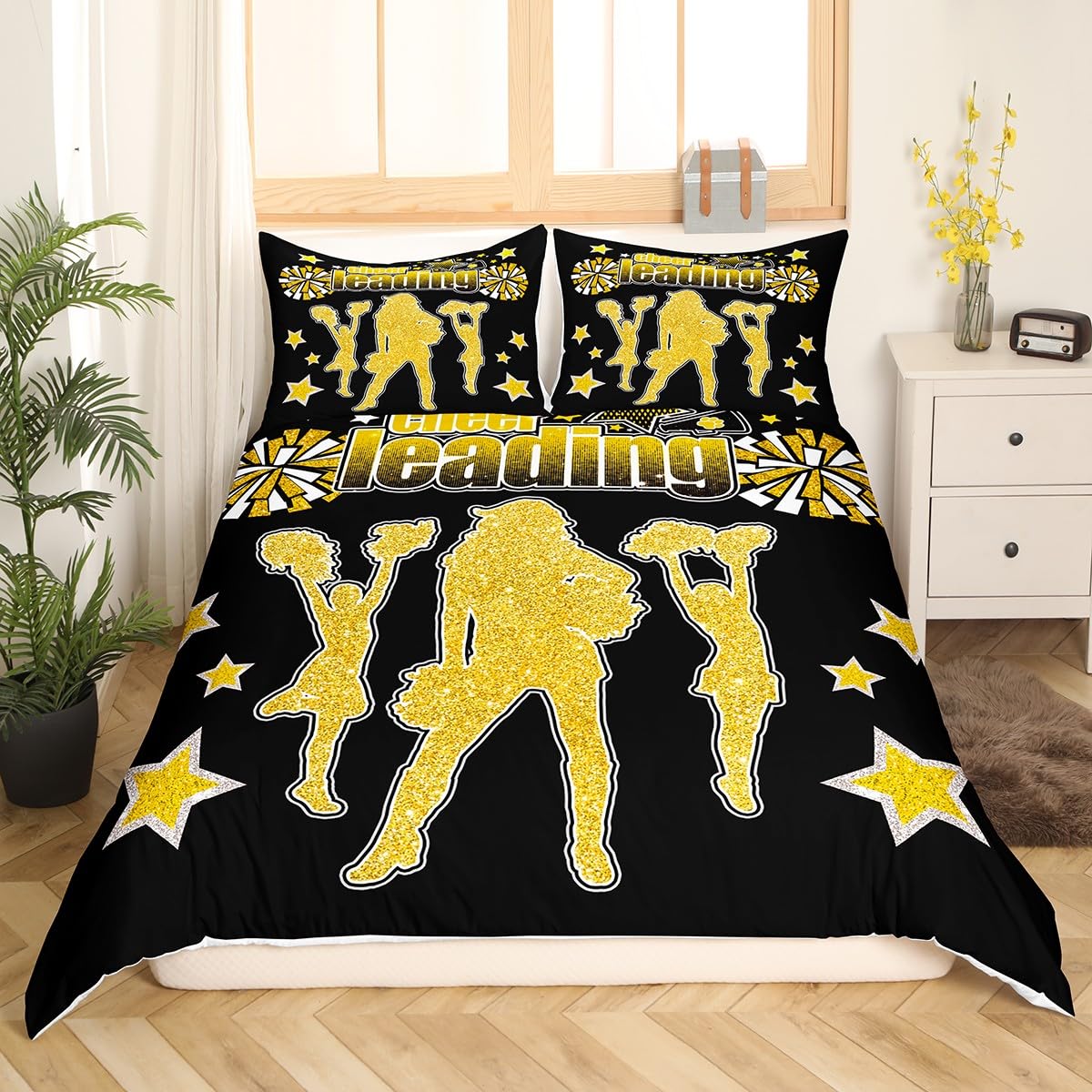 Manfei Cheerleader Team Gymnastik Bettbezug Set S Größe,Cheerleader Bettwäsche Set,Kinder Mädchen Frauen Zimmer Dekor,Gold Glitter Sterne Mode Tröster Abdeckung Schwarz Soft Quilt Cover,1 Kissenbezug