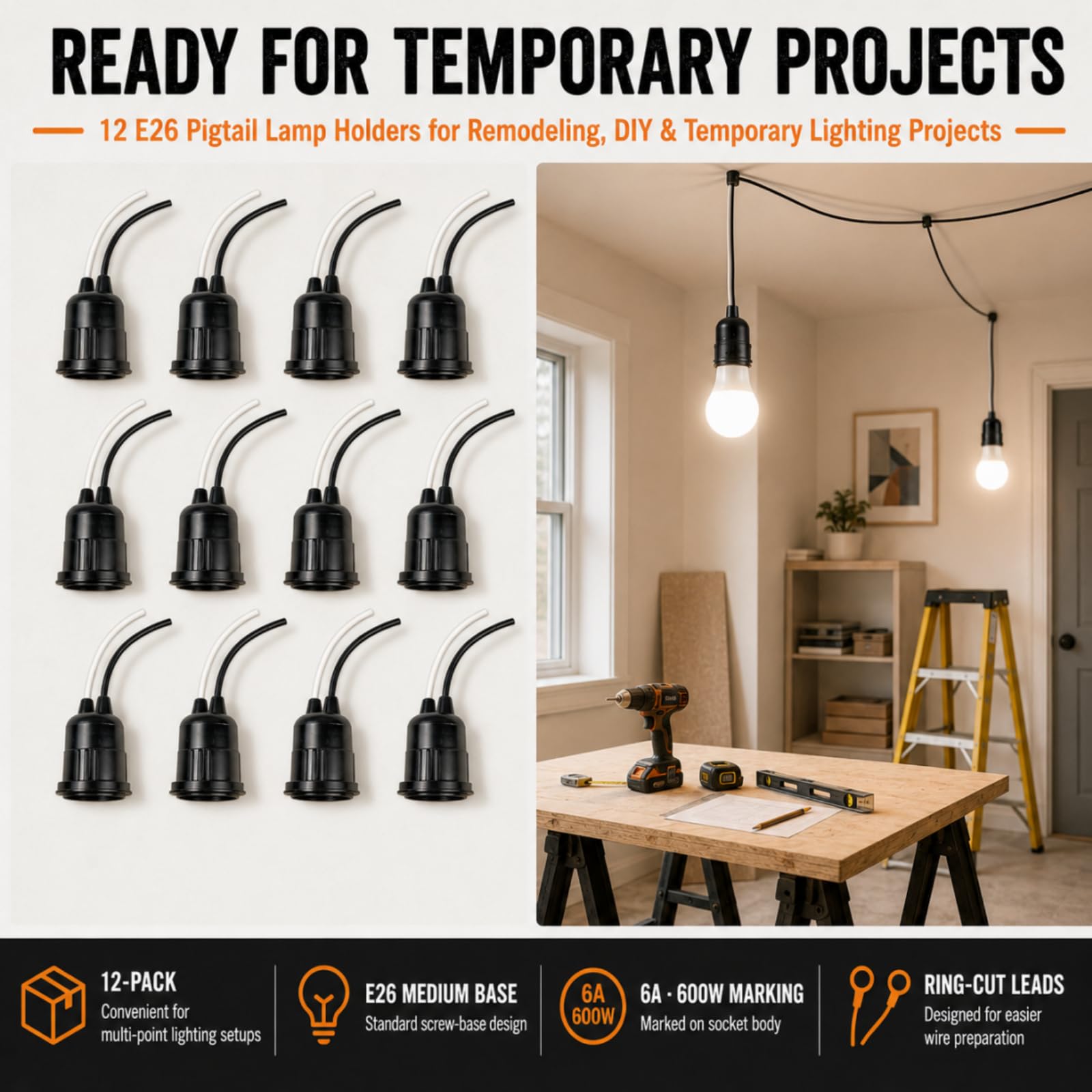 E26 Pigtail Lamp Holders - 12 Pack -7