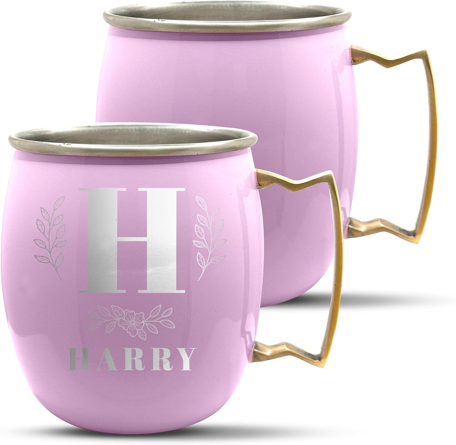 Personalized Custom Pink Mug Smooth Finish Moscow Mule with Brass Handle | Bold Leaf Monogram Engraved Bar Style Cup, 18 oz | Set of 2