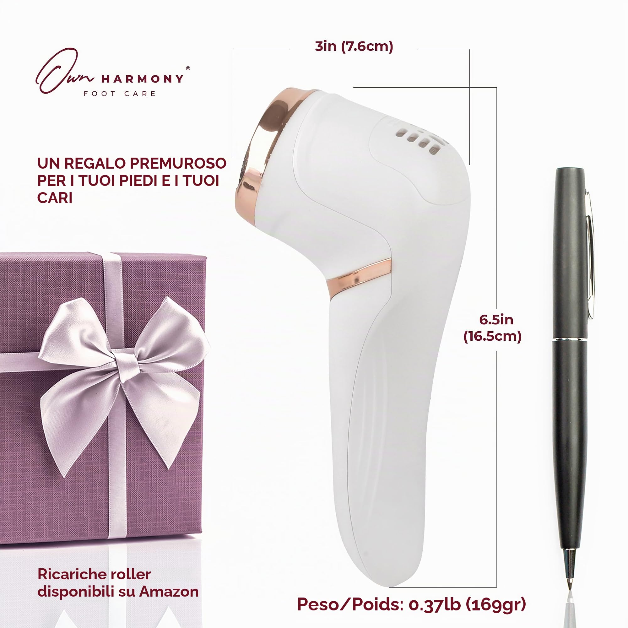 Own Harmony Roll Pedicure Elettrico Ricaricabile CR2100 - Cura dei Piedi Attrezzi Professionale per Talloni Screpolati e Pelle Secca - Potente Lima Elettrica per Calli e Duroni con 3 Rulli (Cavo USB)