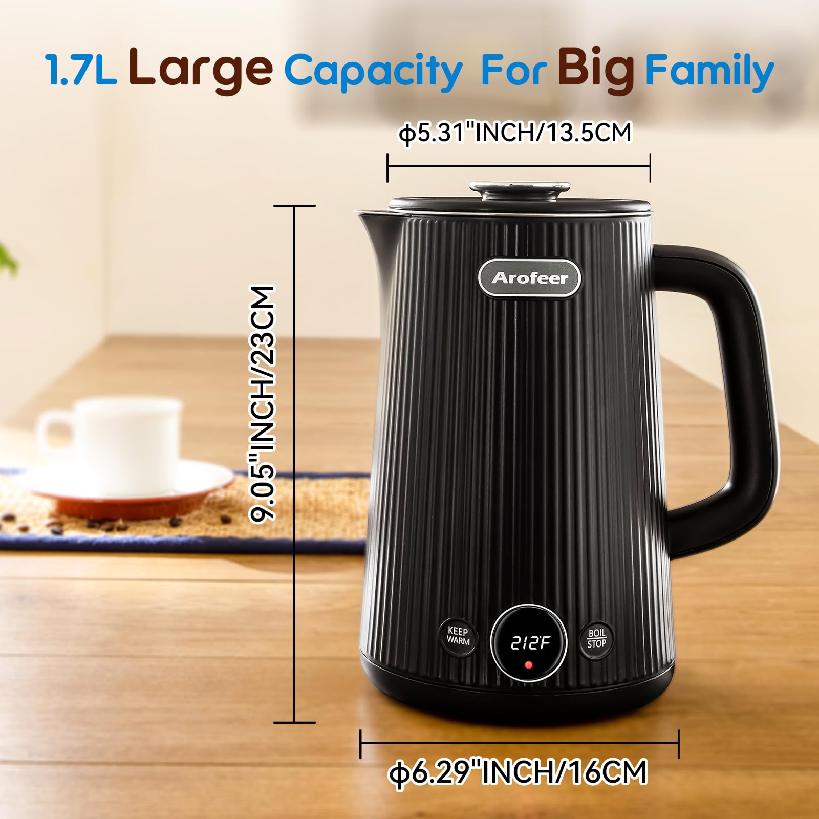 Arofeer 1.7L(57oz) Large Electric Kettle Temperature Control, 7+Cups Electric Tea Kettle for Coffee&Tea, 2 quarts Big Hot Water Kettle Electric with,1200W,Keep Warm-Black