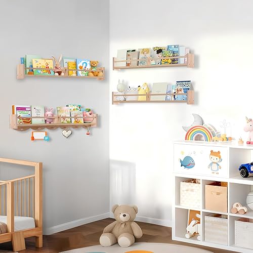 Miniatura 6 de Estantes para libros de guardería de 34 pulgadas montados en la pared, estante flotante para libros para niños con 6 ganchos, estante colgante de
