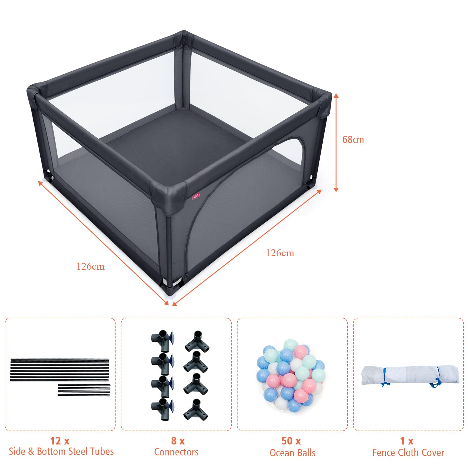LIFEZEAL Corral con puerta corredera, área de juego de tela Oxford lavable, centro de actividades para bebés con 50 pelotas de juego 120x120x68CM (Gris oscuro)