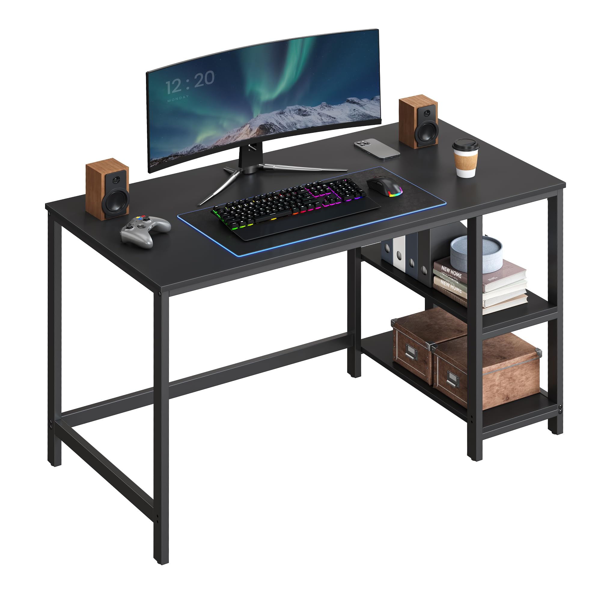 VASAGLE Computer Desk, Writing Desk with 2 Shelves on Left or Right, Work Table for Office Living Room, Steel Frame, Industrial, Ebony Black LWD047B16