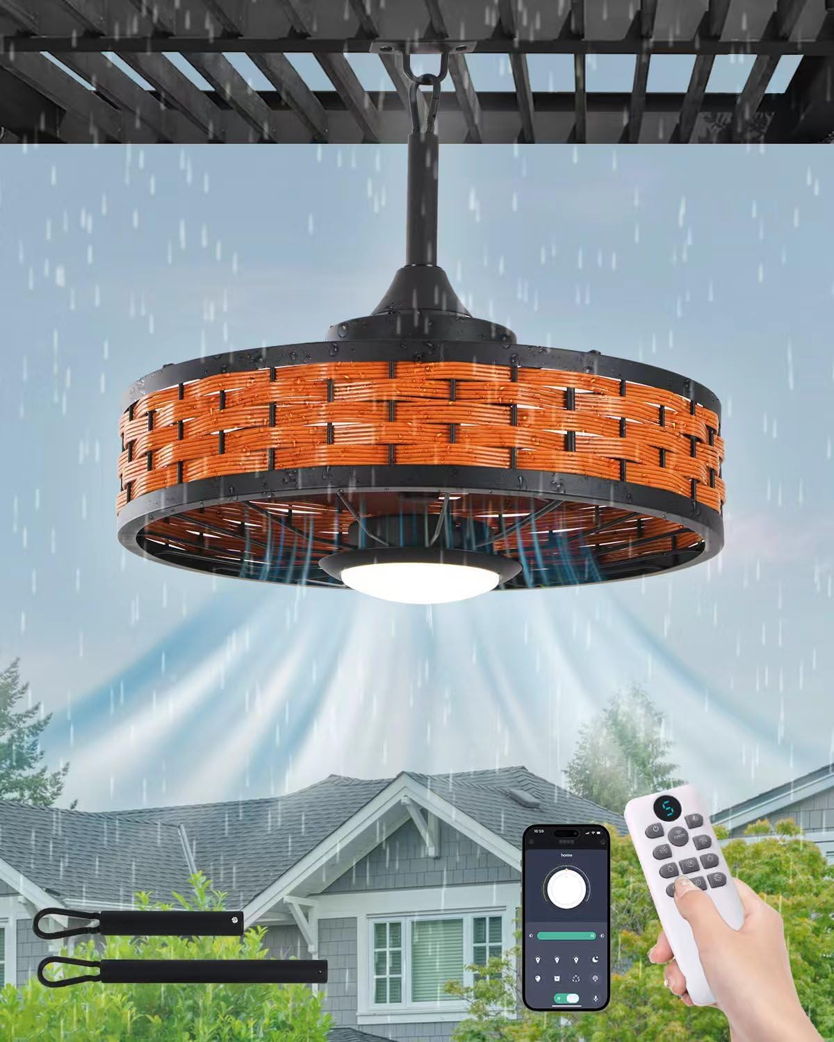 Outdoor Ceiling Fans with Light for Patios, 20" Weatherproof Gazebo Fan with Hanging Hook, Remote Control & APP, 6 Speeds, 3CCT, Caged Plug in Ceiling Fan for Patio