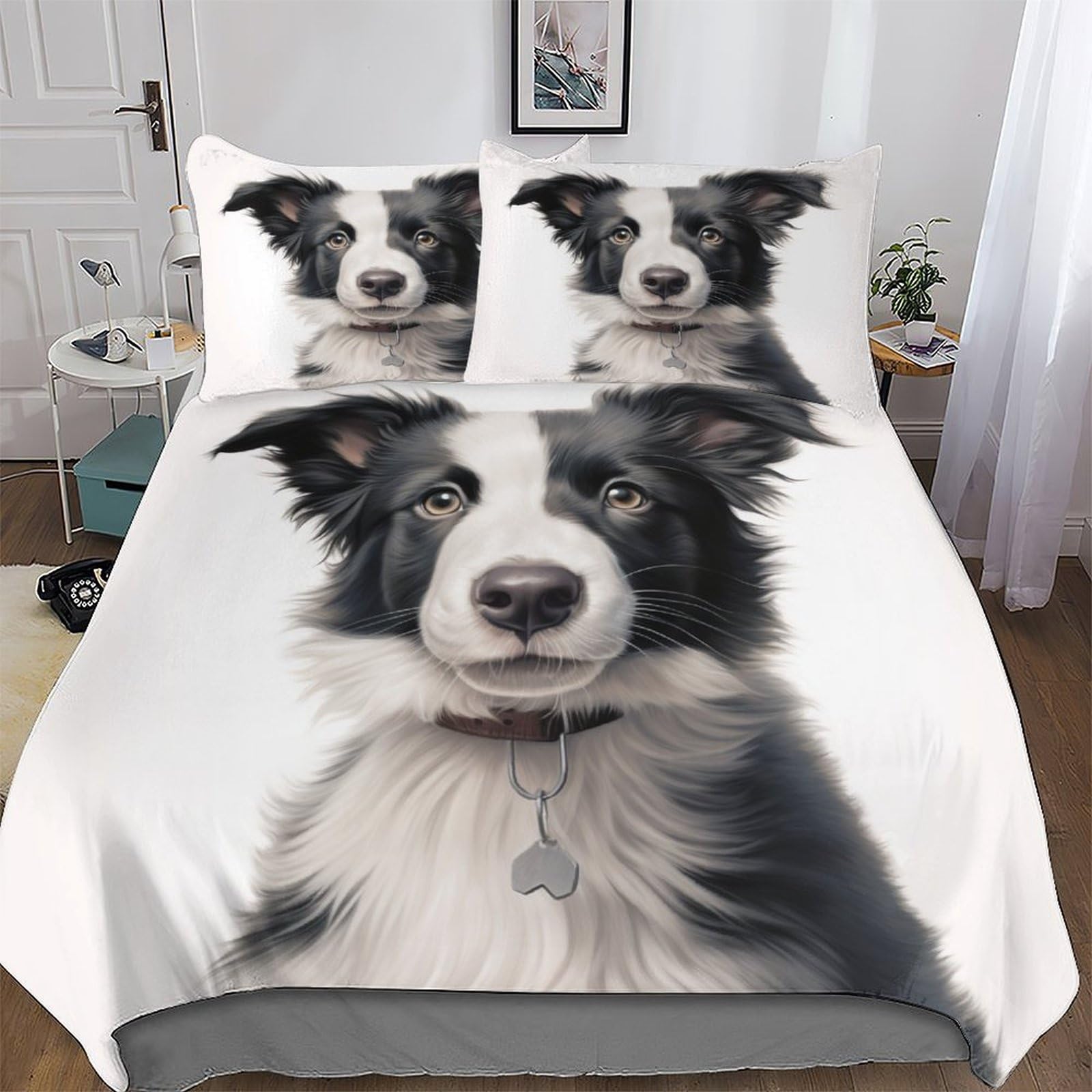 Pazzk Border Collie-1 Border Collie Duvet Cover 3D Bedding Set Soft Brushed Microfiber Comforter Cover With Zipper Closure Quilt Cover With Pillowcase For Kids Teenagers Adult 3 Pieces Double (200X200cm)