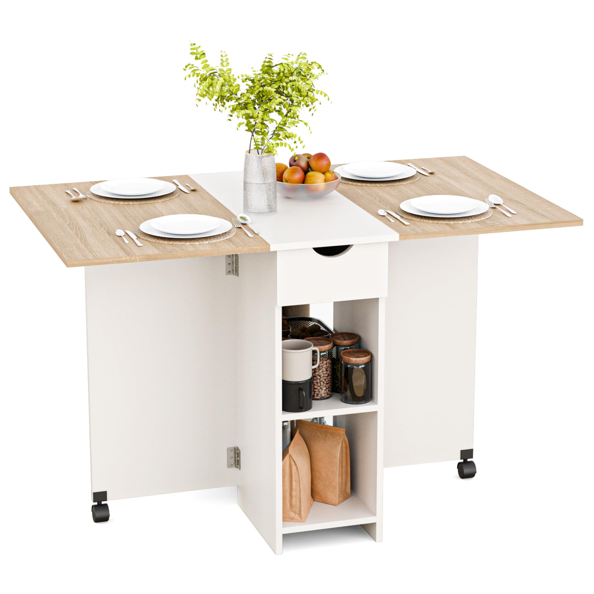 Mondeer Esstisch Klappbar, Küchentisch mit Schublade und Ablagen für 2-4 Personen, Klapptisch Esszimmertisch mit Rollen für Klein Räume, Esszimmer, Küche, 72 x 120 x 75 cm, Eiche und Weiß