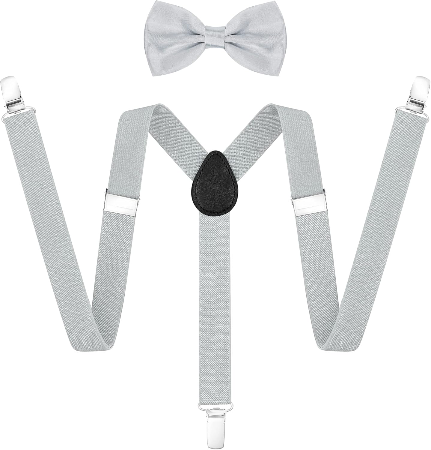 ULEEMARK Suspenders for Men Adjustable Buckle with Mens Suspenders Strong Clip, Elastic Y Shape Suspenders and Bow Tie Set Gray Silver 2