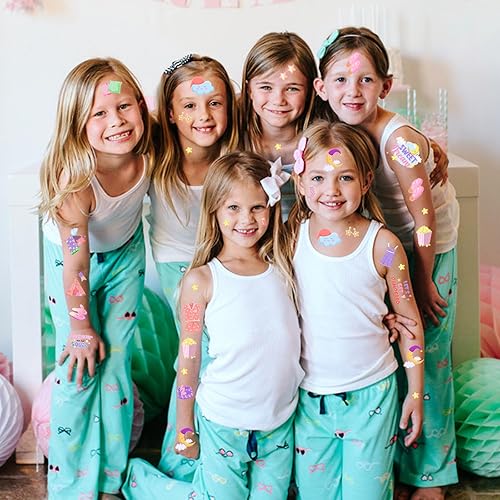 Serencatcher 12 Sheets Pajama Temporary Tattoos, Sleepover Party Favors Pink Purples Include Makeup Pillow Pajama Slumber Squad Tattoos Stickers for Girls Pajama Birthday Party Decorations