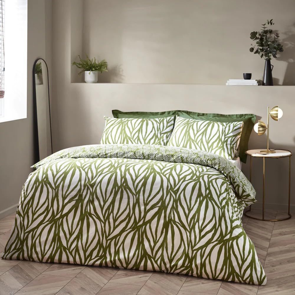 Hoem Single Olive Duvet Set - Abstract Linear Leaf Design - Nature-Inspired - Green