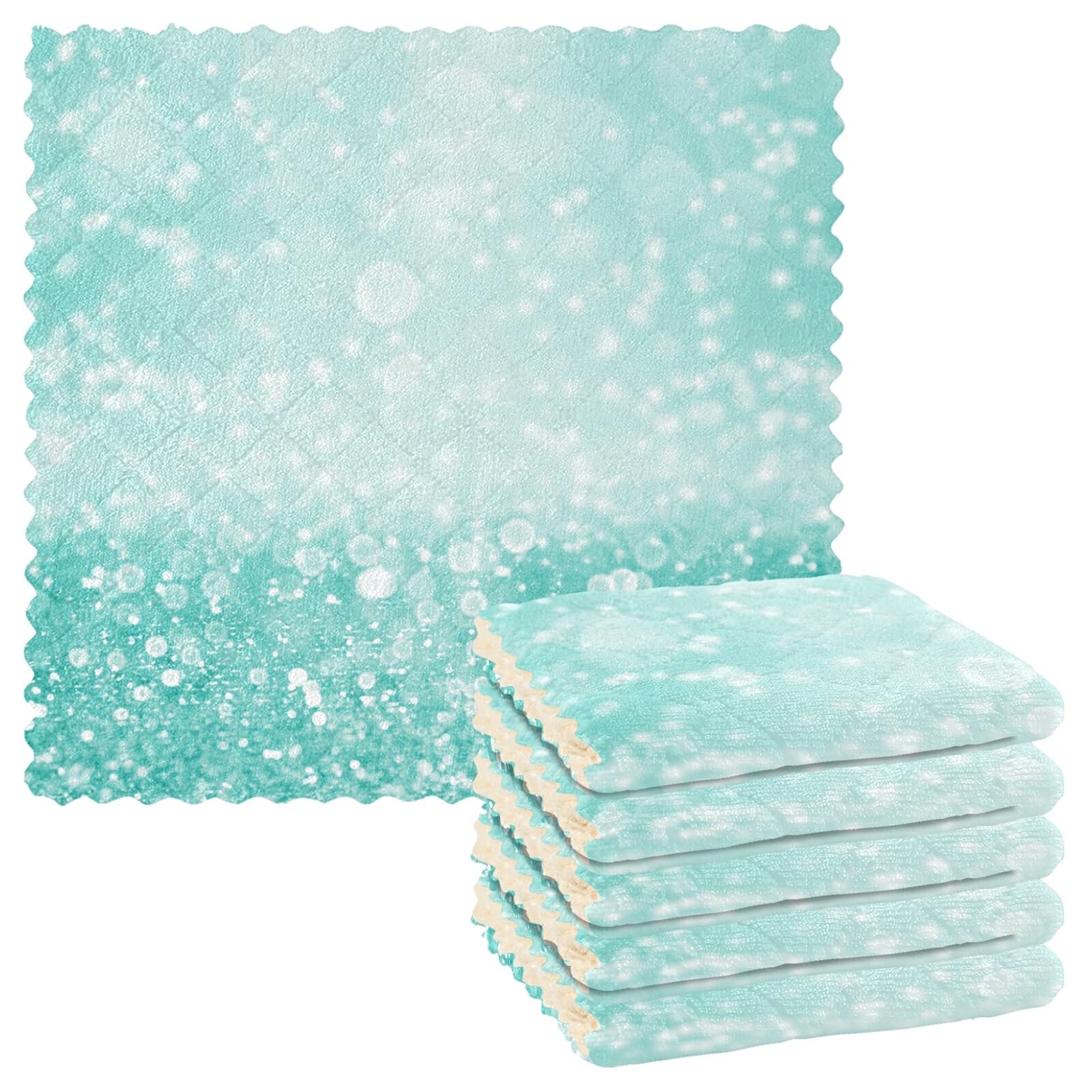 Teal Green Glitter Sparkle Confetti Turquoise Aqua Mint Diamonds 6 Set Kitchen Dish Towels, Washcloths Cleaning Cloths Dish Cloths, Absorbent Towels Lint Free Bar Tea Soft Waffle Towel 11"x11"