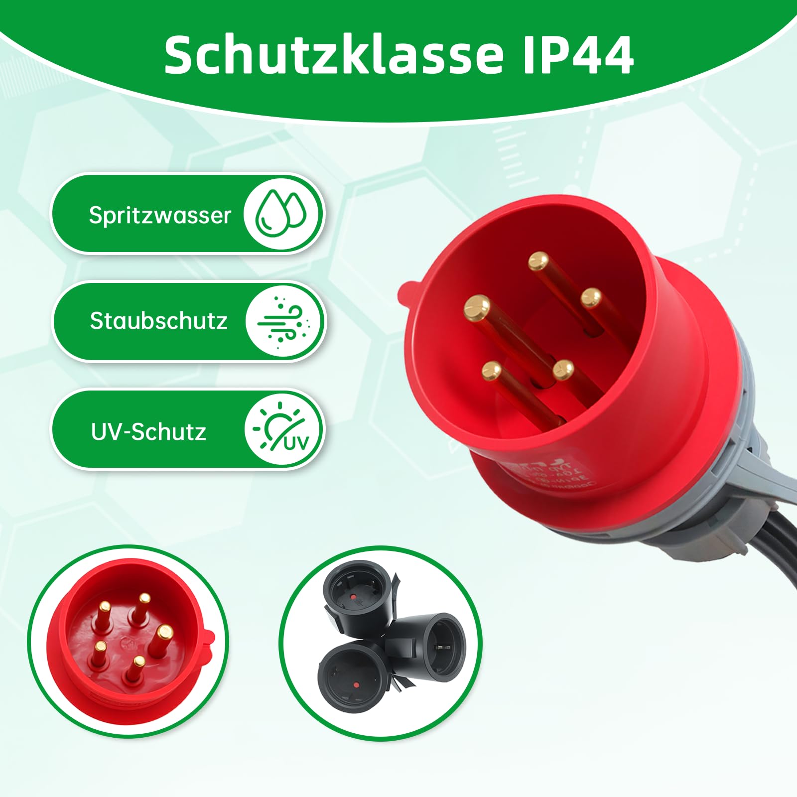 Adattatore Presa CEE, 400V 16A con 3 Schuko, Adattatore di Alimentazione Versatile Cavo di Prolunga IP44 per Campeggio, Camper, Cantiere e Esterno