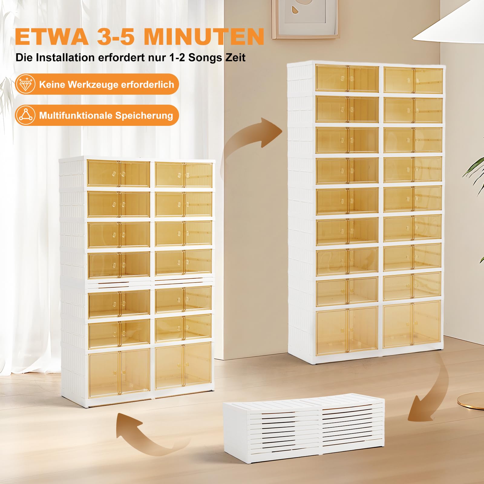 Klappbarer Schuhhalter, 9 Stufe 36 Doppel-Klappschrank, Transparent Stapelbarer Schuh-Aufbewahrungskasten, Magnetsaugtürrahmen mit Rädern, weiß