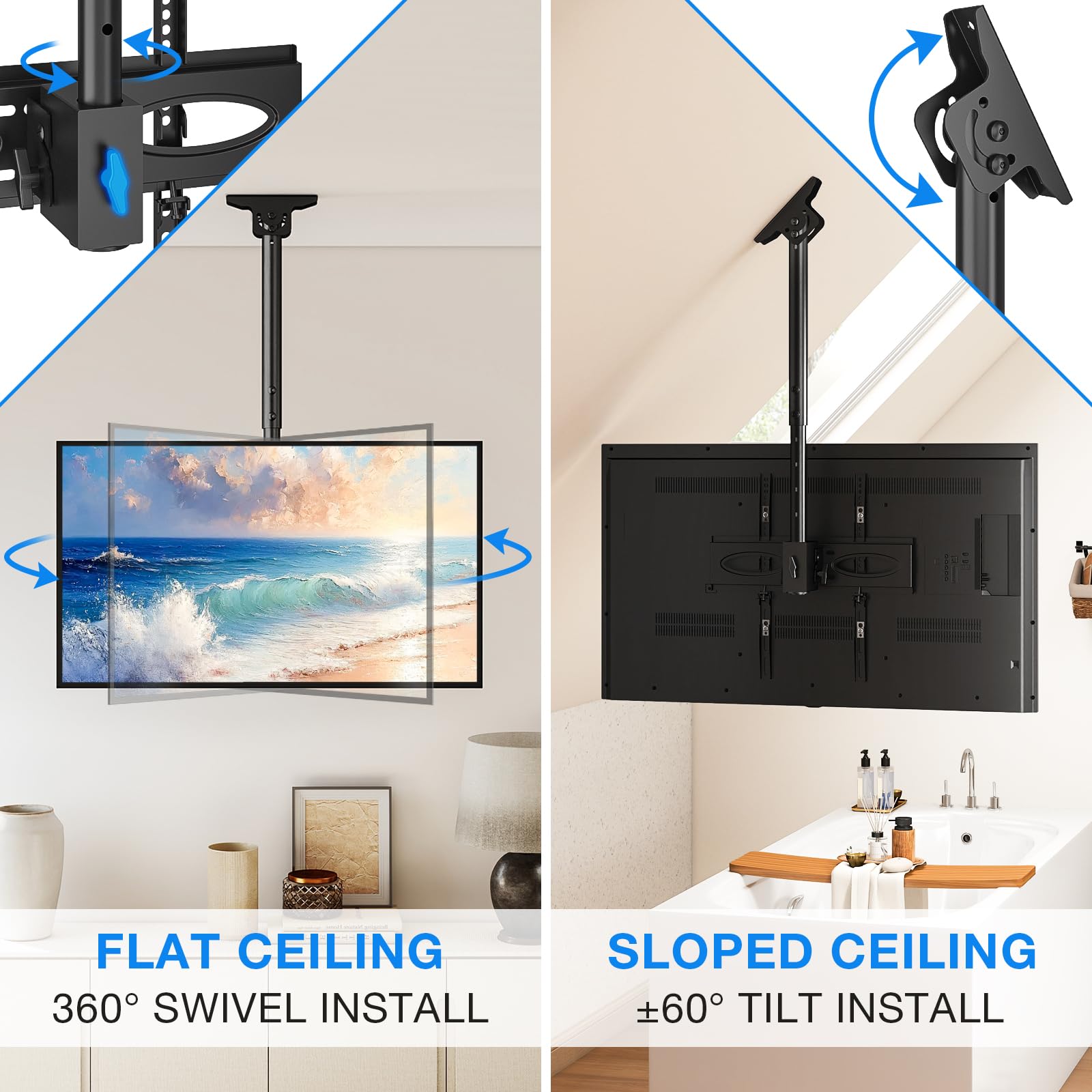 Rfiver Staffa per TV da soffitto regolabile e girevole per TV da 32-65", rotazione a 360°, supporto per TV fino a 40 kg, VESA max 400 x 400 mm