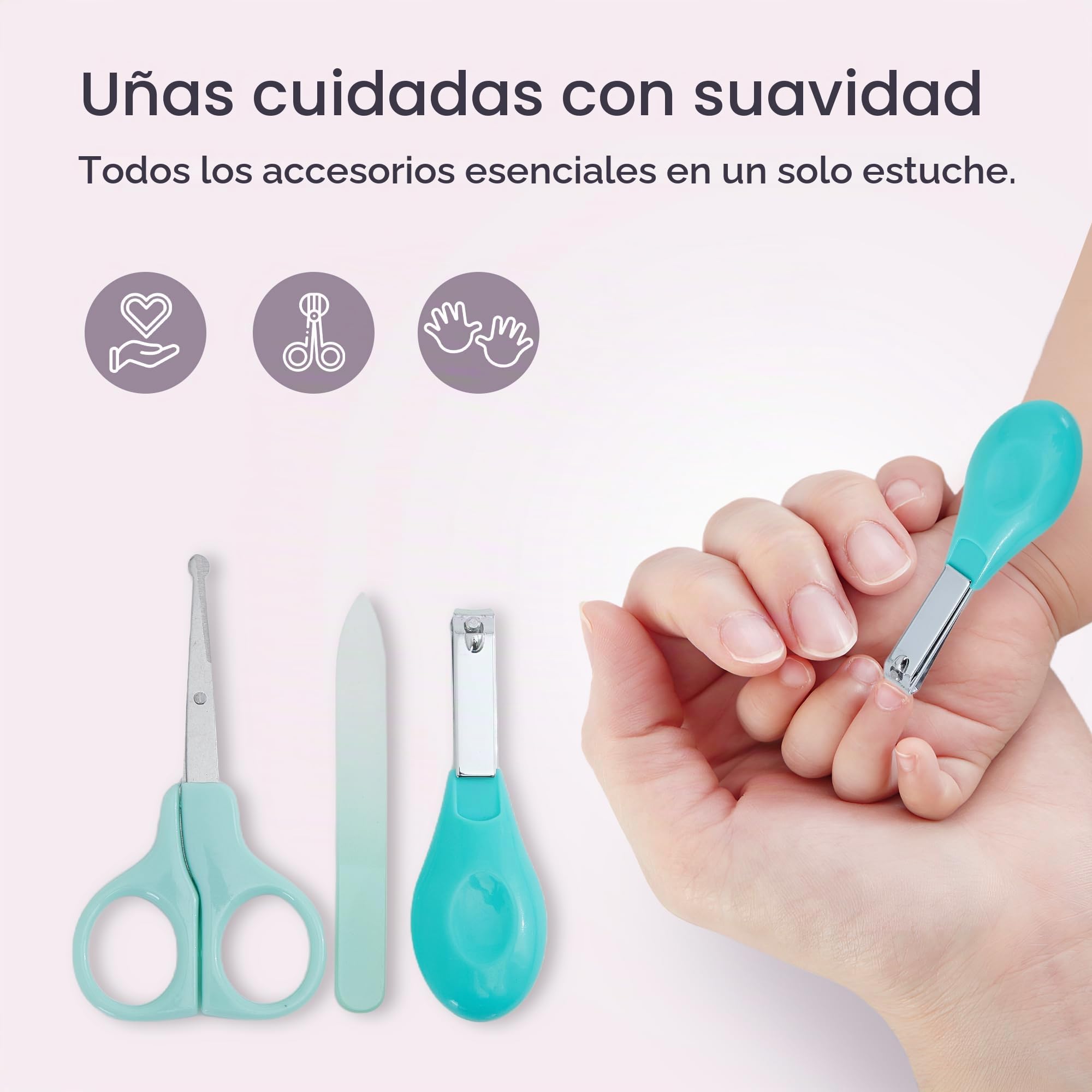 Estuche de aseo cuidado bebé: termómetro frontal, mosca bebe jeringa nasal, termómetro interior y baño, lima lijadora de uñas, estuche de nacimiento completo (termómetro de baño rosa)