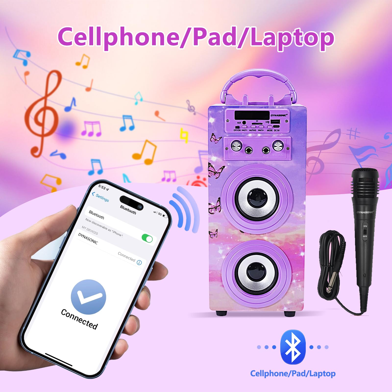 DYNASONIC Microfono Karaoke, Regalo per Bambini, Giocattolo per Bambini e Ragazzi, Regali Bambini, Giocattoli per Bambino e Bambina con Microfono Modello (025-18 LIGHTS)