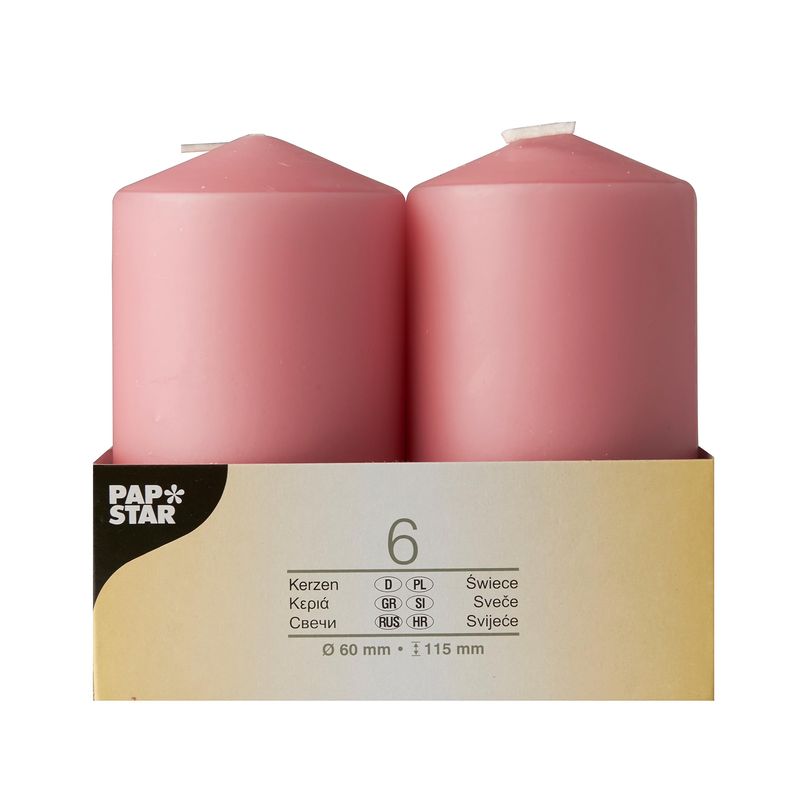 PAPSTAR Unscented Pink Pillar Candles 2.5x4.5 Inch Set of 6 | European Made Premium Quality 25h Burning Time | Dripless, Smokeless Household Dinner, Party Candles