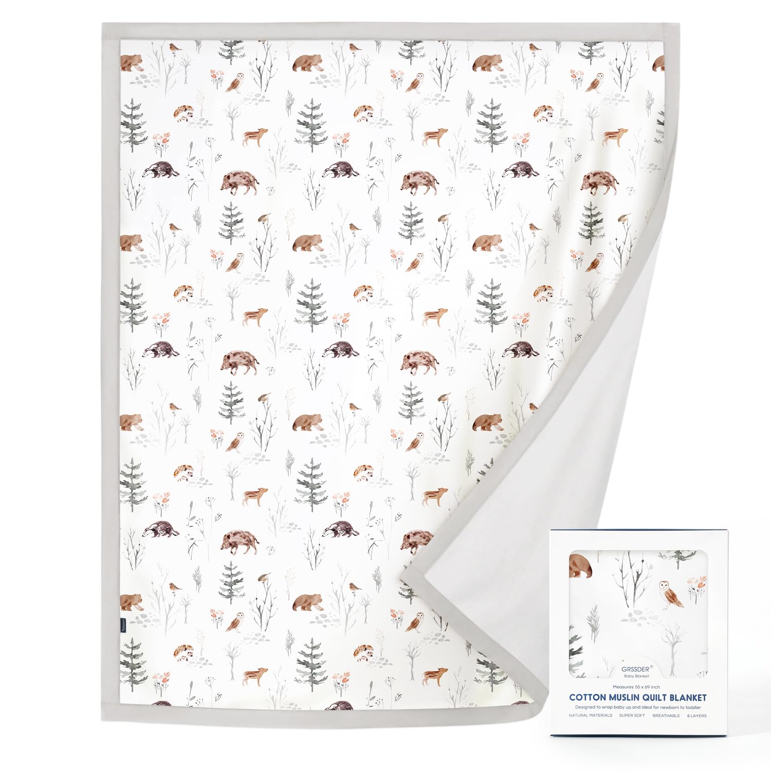 GRSSDER Cotton Muslin Quilt Blanket - Silky Soft and Breathable Kids' Throw Blanket, Oversized Muslin Blankets for Newborns, Toddlers &amp; Kids, 6 Layers Reversible Design for All Seasons, 55" x 69"