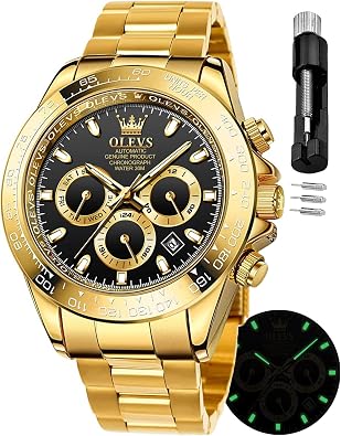 OLEVS Gold Watches for Men Automatic Self Winding Luxury Waterproof Watch Calendar Stainless Steel Business Luminous Mens Wrist Watch