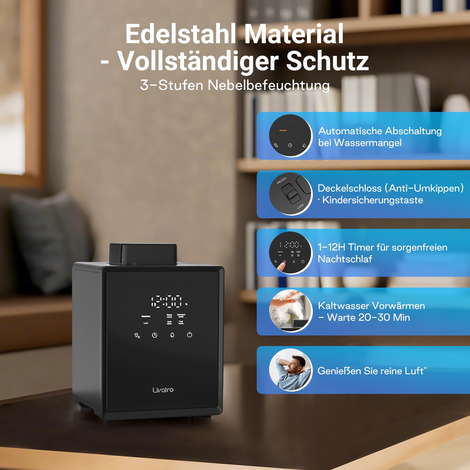 Livatro Luftbefeuchter Schlafzimmer Top-Fill, 3L Edelstahl Warmnebel Luftbefeuchter, Reduziert 99,97% der Bakterien, Für Schlafzimmer und Wohnzimmer, Spülmaschinenfest Humidifier,mit Schlafmodus | Top Füllung mit Edelstahl Wassertank; Schlafmodus und spül