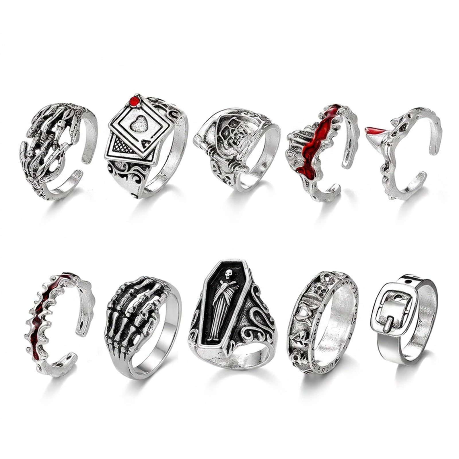 10 Gothic Rings, Silver Vintage Punk Style Skull Hand Ring, Dark Aesthetic Jewelry for Alternative Fashion, Gothic Rings Set for Concerts and Goth Events, Versatile Ring Collection for Men and Women-image-17