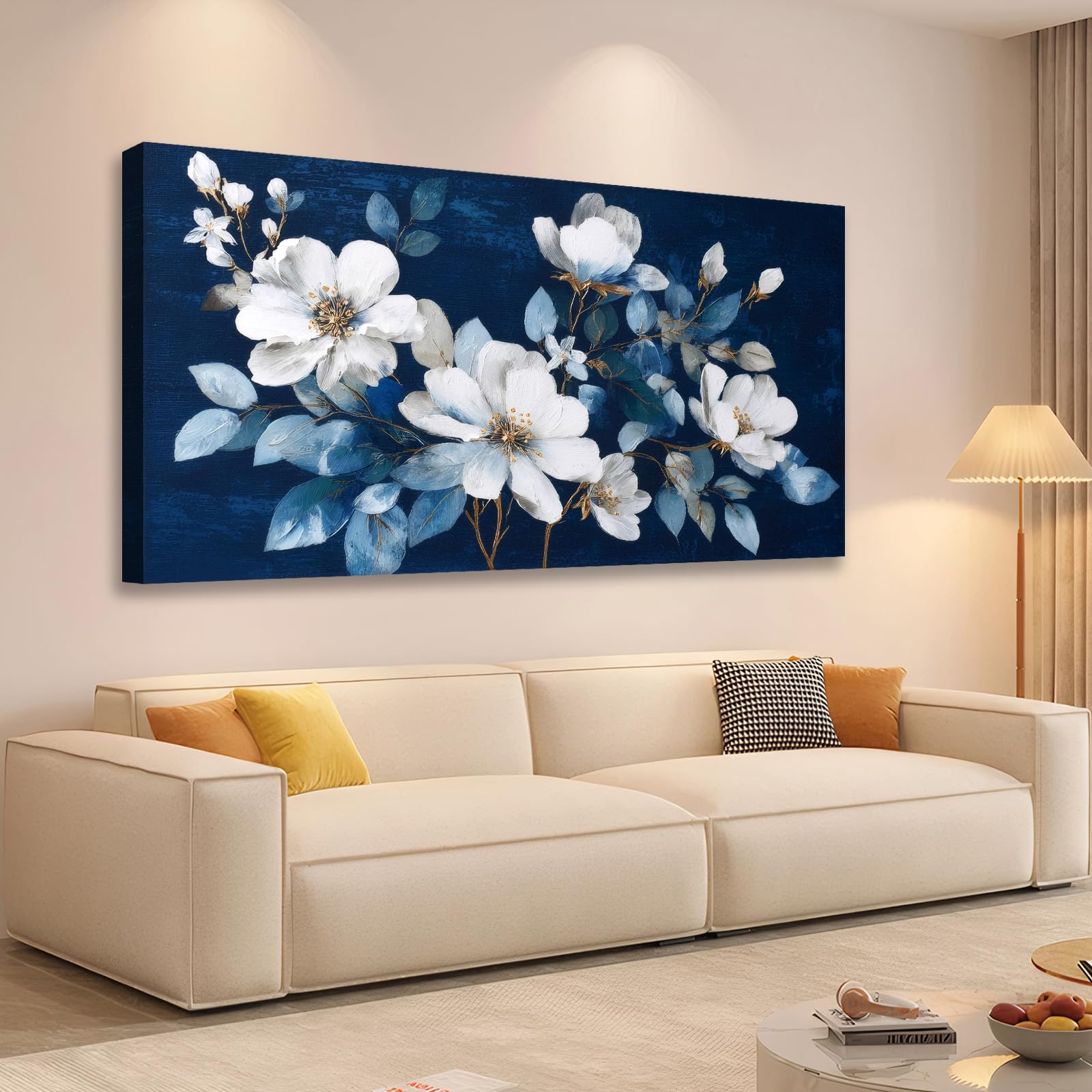 JLXART Large Flower Canvas Wall Art Modern White Floral with Blue Background Print for Living Room Office Home Decor,30X58inch