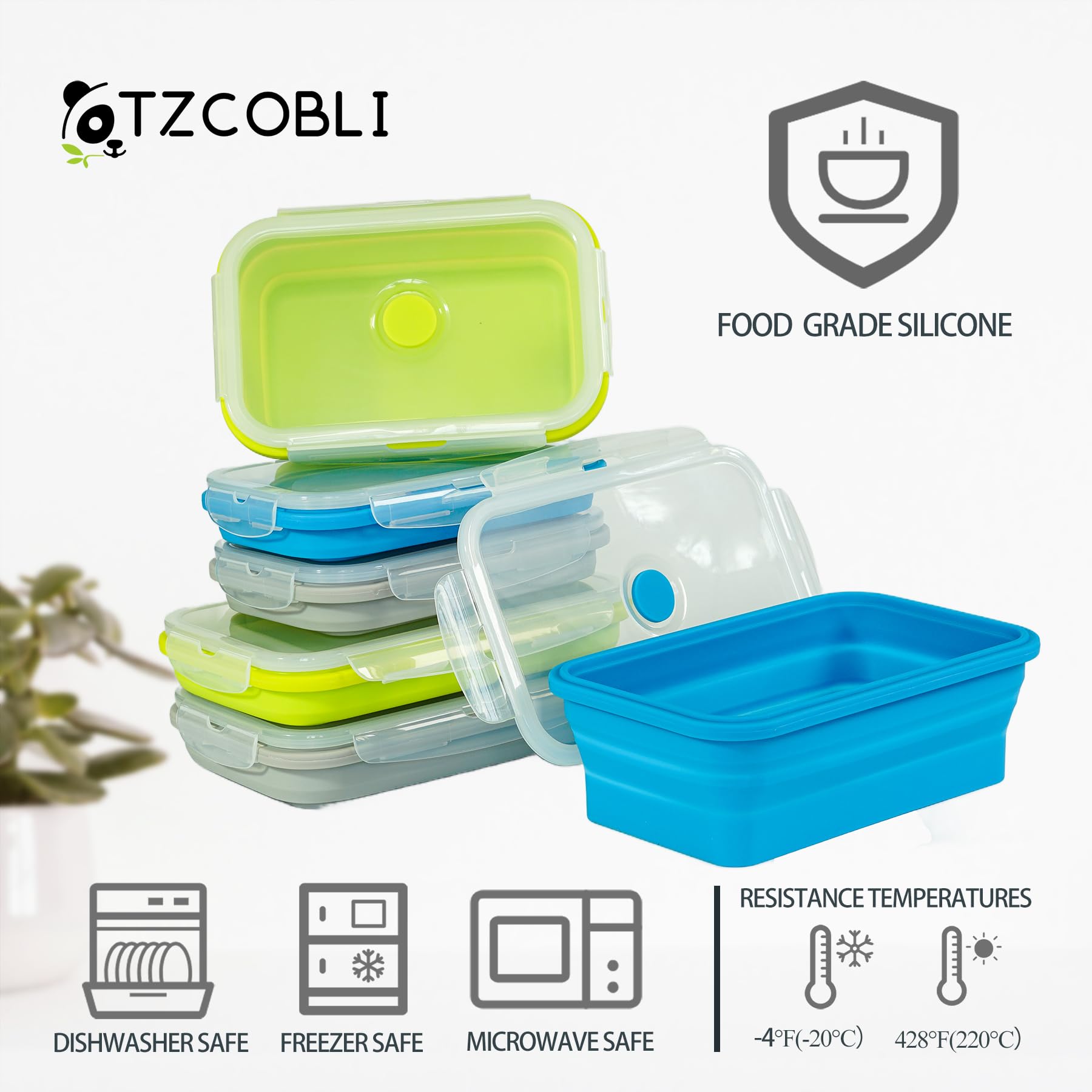 Set mit 4 faltbaren Silikon-Frischhaltedosen, Küchenreste, Brotdose und Obstbox, faltbares Design, platzsparend, BPA-frei, mikrowellen-, spülmaschinen- und kühlschrankgeeignet, Blau, 1,2 l