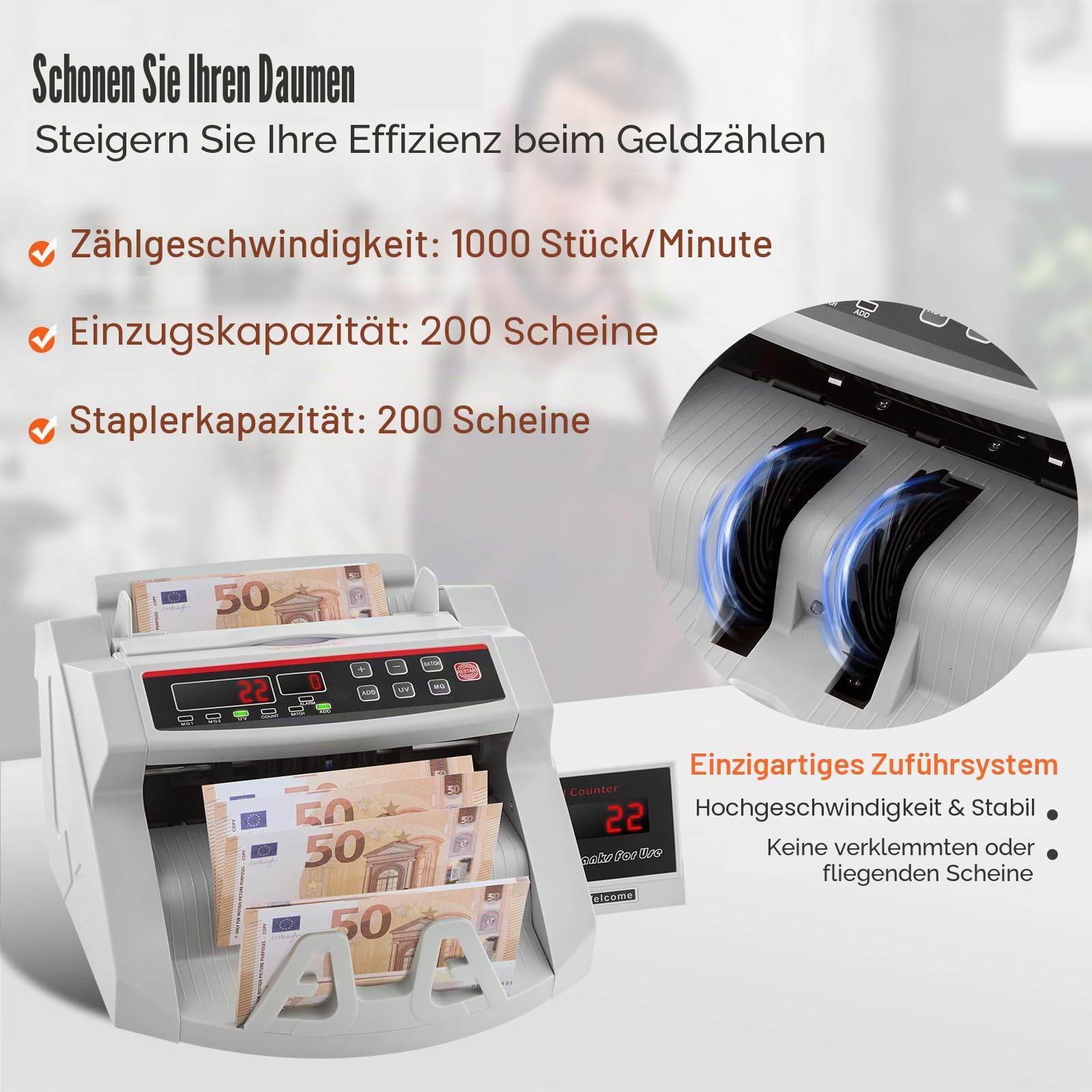 OldFe Geldzählmaschine mit Echtheitprüfung geldzählmaschine scheine mit UV/MG Systeme Banknotenzähler mit LED Display für Euro Doller Pound