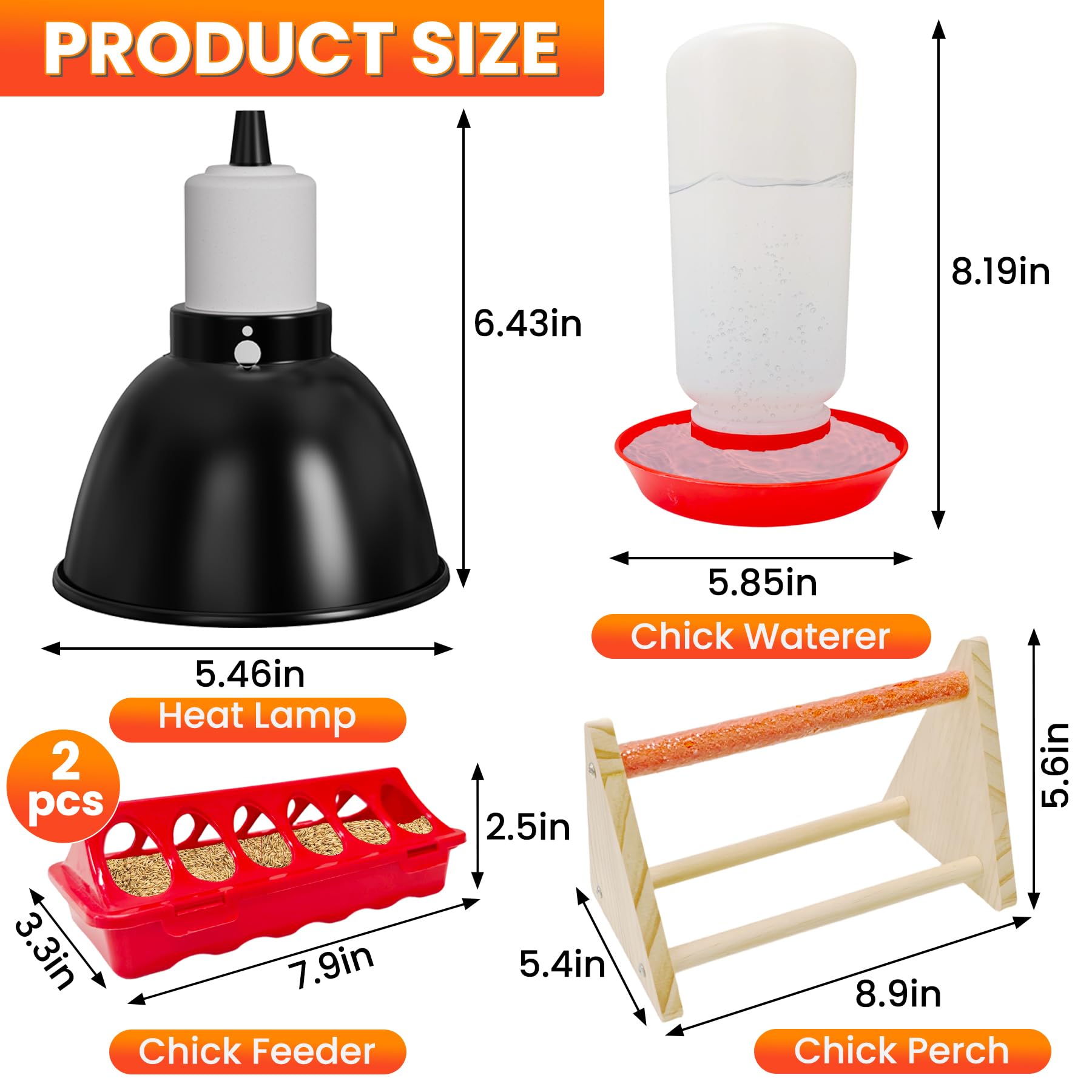 Kit de iniciación de pollitos, 2 comederos para pollitos y juego de bebedero automático de 1.3 L con lámpara de calor ajustable de 75 W (2 bombillas) y percha de soporte, suministros para criadora