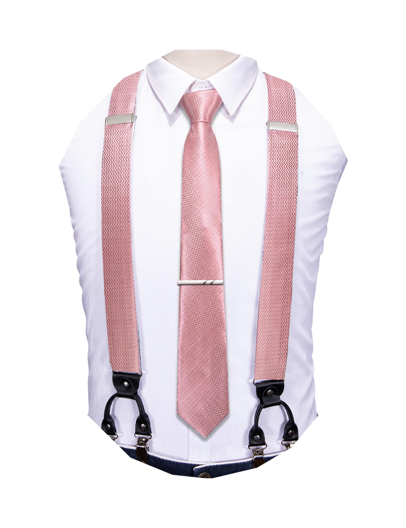 Barry.Wang Men Suspender Tie Sets Elastic Heavy 6 Clips Hanky Cufflink 5PCS | Classic Suspender Set for Man Necktie Y Type Adjustable Heavy Duty 6 Clips Braces Pocket Square Cufflinks Party