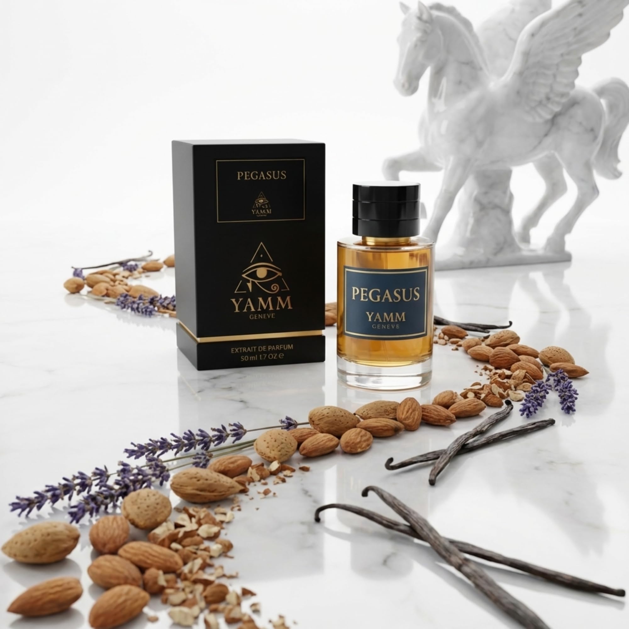 Pegasus – Extrait de Parfum Homme – Amande & Vanille – 50 ml | Accord floral amandé, crémeux et boisé, à la tenue durable, avec bergamote, lavande, jasmin, vanille et santal.