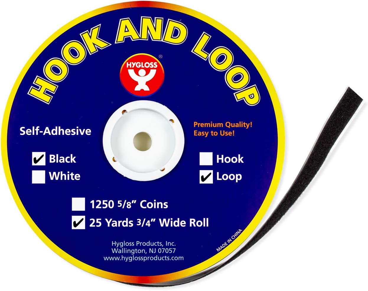 Hygloss Products Self Adhesive Strips - Hook and Loop Fastener Sticky Back Tape- 3/4 Inch x 25 Yards, Black